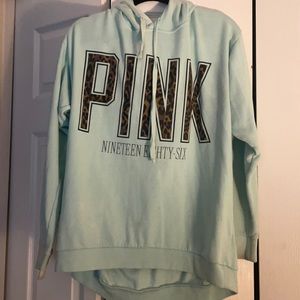 VS PINK Light Blue/Teal Cheetah Print Accent Graphic Sweater, Size M w/ Hood